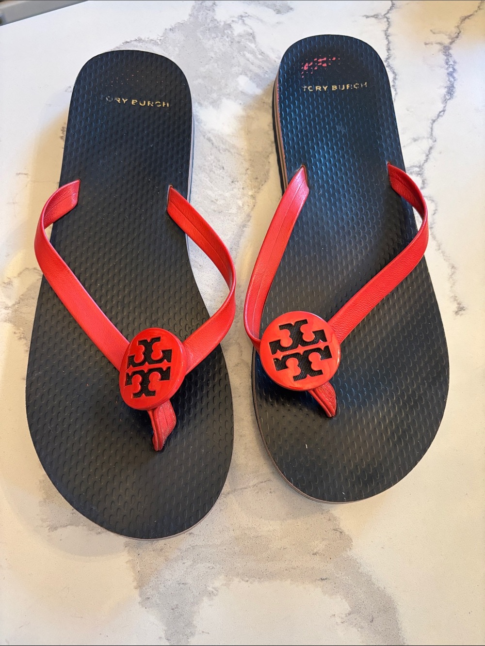 Tory Burch Navy Footbed Red Logo Thong Sandals sz 8